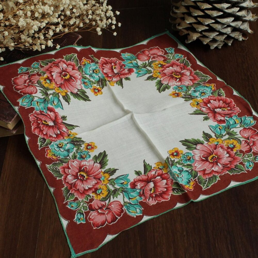 Vintage Handkerchief, Brown and Teal Wildflower Floral Print Cotton Hankie